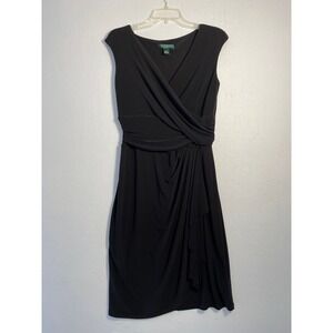 Lauren Ralph Lauren Black Faux Wrap Ruched Cocktail Dress Sleeveless V-Neck Sz 8